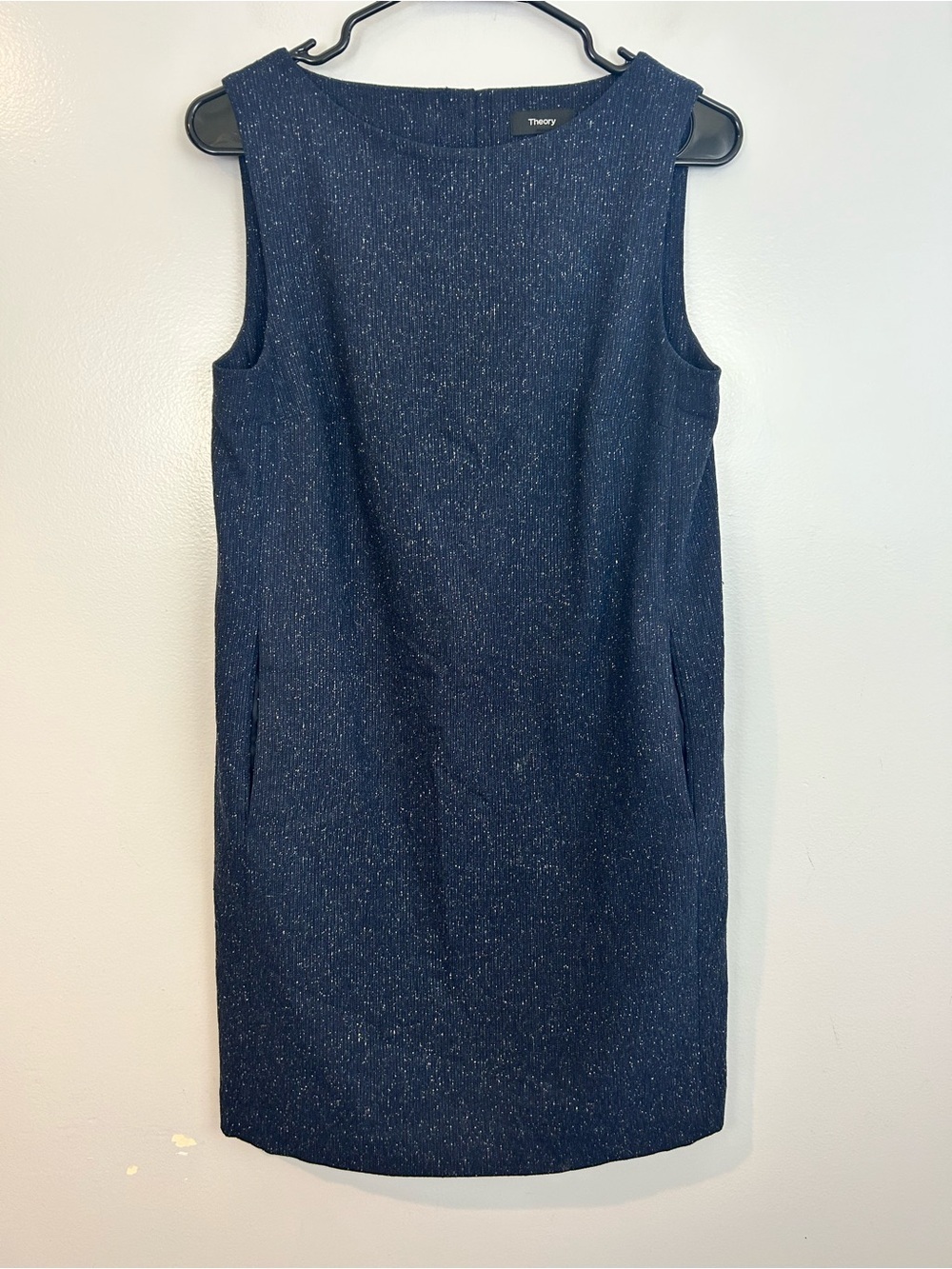 Theory Blue/White Sleeveless Button Back Wool/Silk Blend Shift Mini Dress Size 4